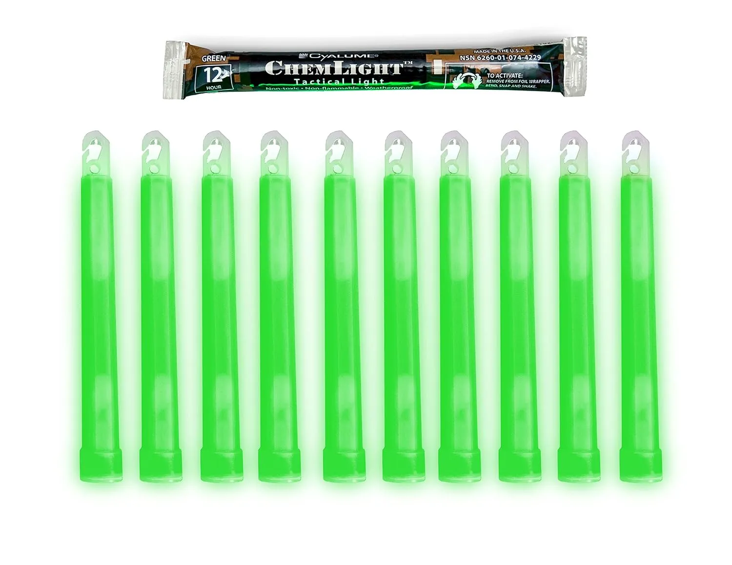 Cyalume Military Grade Green Glow Sticks - Premium Bright 6” ChemLight Emergency Glow Sticks with 12 Hour Duration (Bulk Pack of 10 Chem Lights)