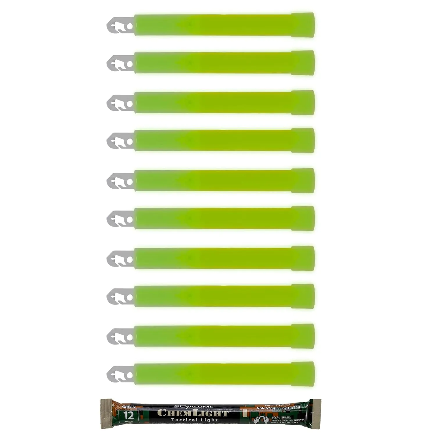 Cyalume Military Grade Green Glow Sticks - Premium Bright 6” ChemLight Emergency Glow Sticks with 12 Hour Duration (Bulk Pack of 10 Chem Lights)