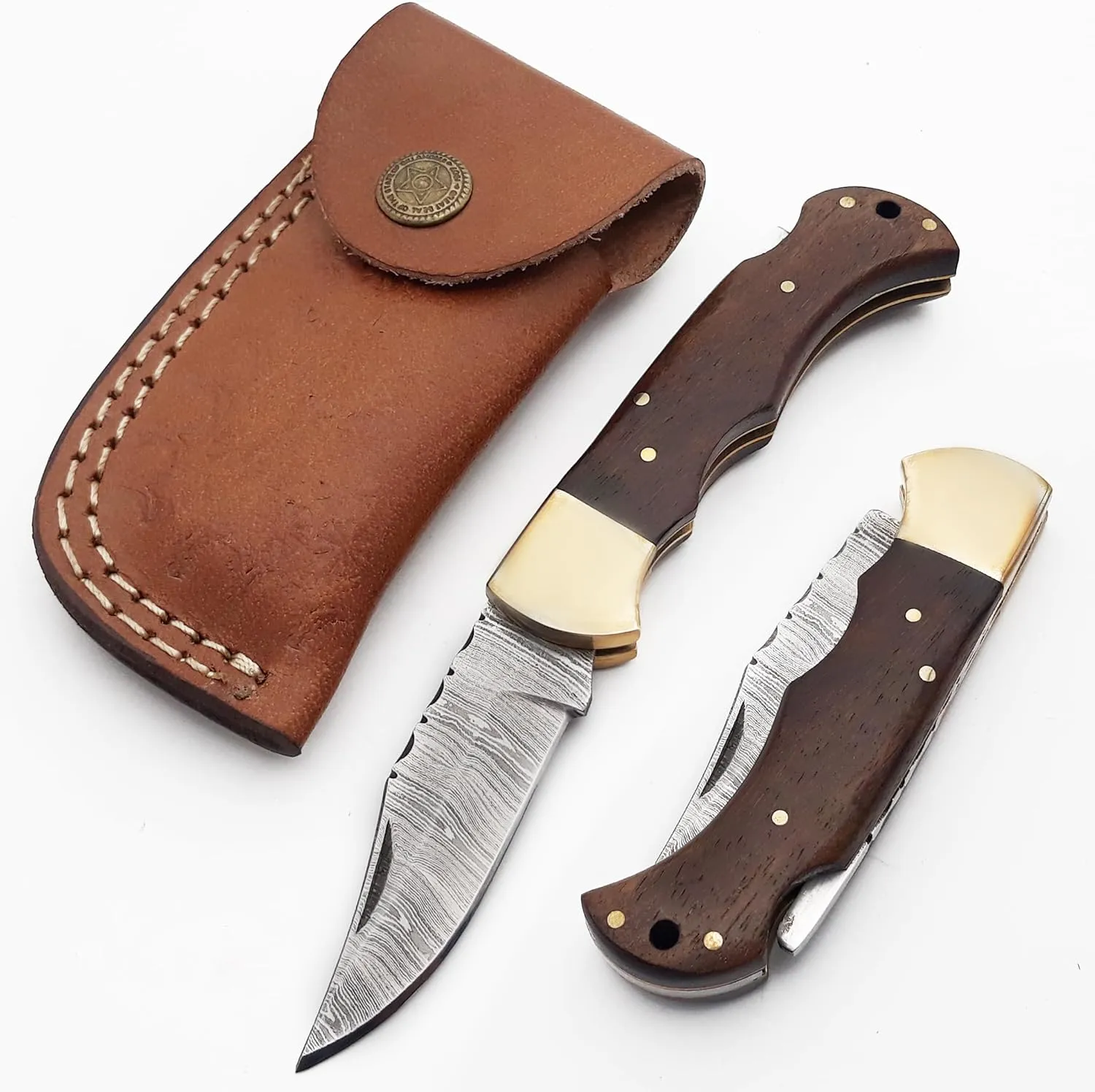 Damascus Pocket Knife for Men Handmade - 6.5 Inches Damascus Folding Knife with Sheath -Ideal for Him as an Anniversary Present - Best for EDC - Camping and Hiking