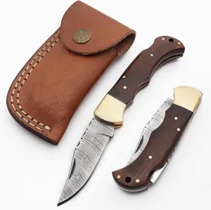 Damascus Pocket Knife for Men Handmade - 6.5 Inches Damascus Folding Knife with Sheath -Ideal for Him as an Anniversary Present - Best for EDC - Camping and Hiking