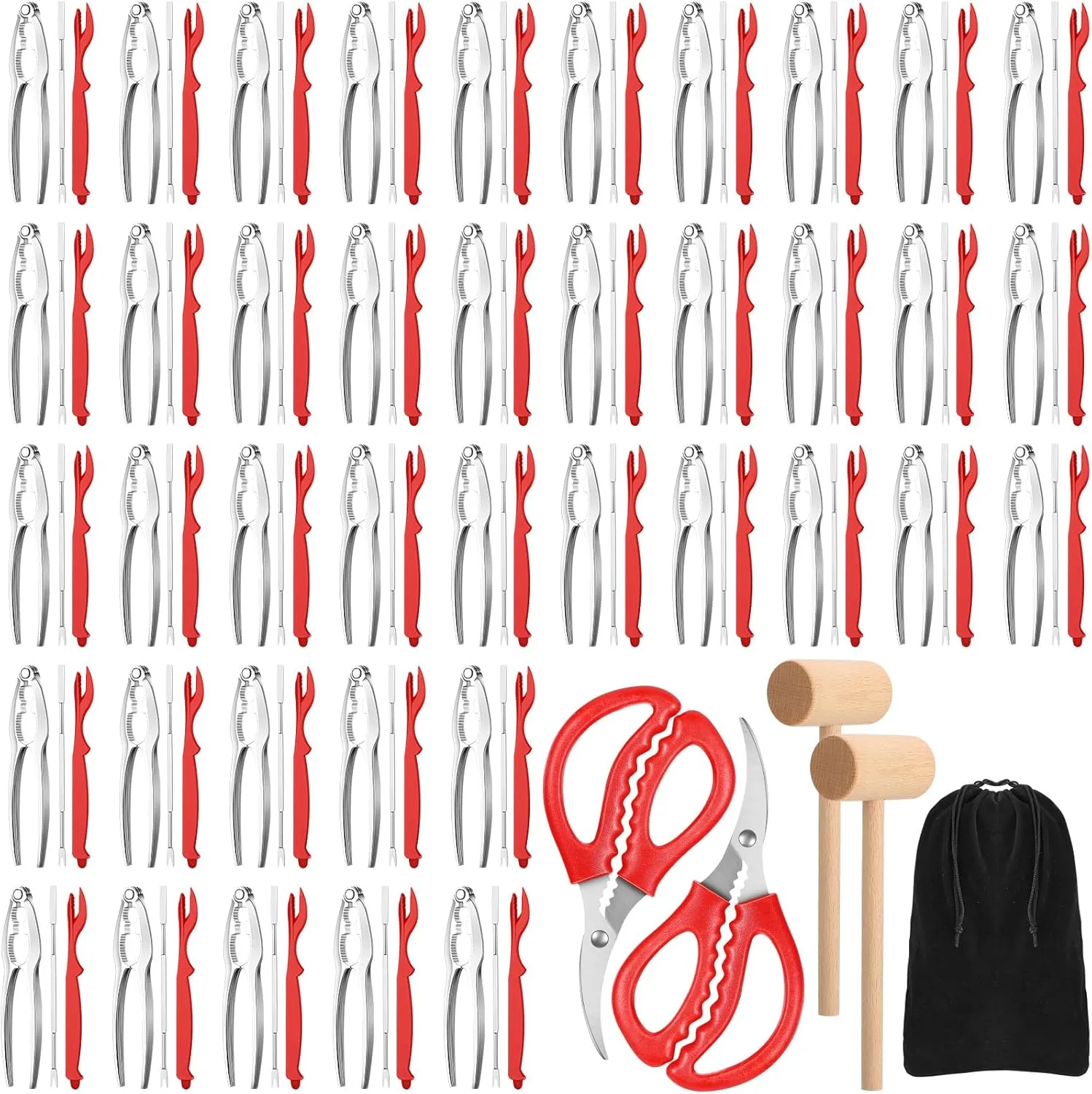 Dandat 125 Pcs Seafood Tools Set Bulk, Includes 40 Crab Crackers, 40 Crab Leg Forks, 40 Lobster Shellers, 2 Seafood Scissors and 2 Lobster Mallets with Storage Bag for Party Supplies