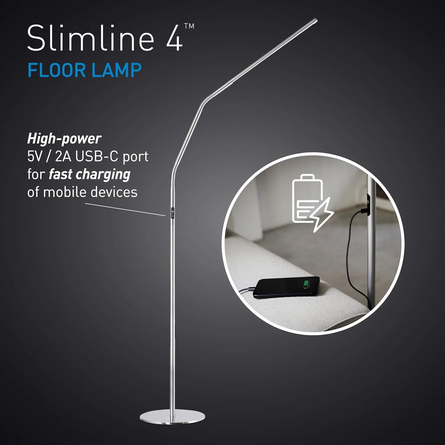 daylight Slimline 4™ LED Table Lamp in Brushed Steel - 6,000K, 3,200 Lux, 4 Brightness Levels, USB-C Charging Port, Anti-Glare Diffuser, Flexible Design, Art & Craft, Sewing, Nail Salon
