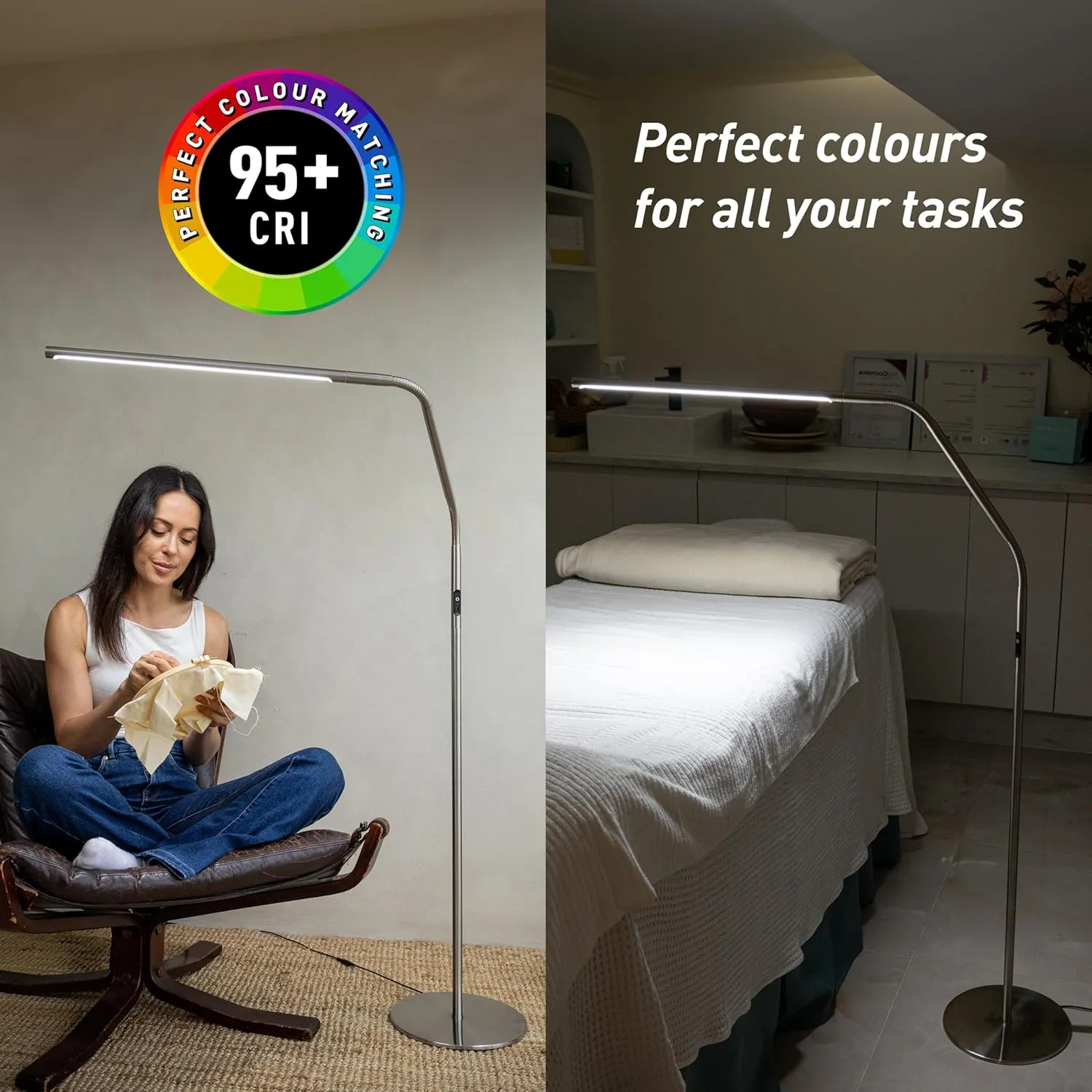 daylight Slimline 4™ LED Table Lamp in Brushed Steel - 6,000K, 3,200 Lux, 4 Brightness Levels, USB-C Charging Port, Anti-Glare Diffuser, Flexible Design, Art & Craft, Sewing, Nail Salon