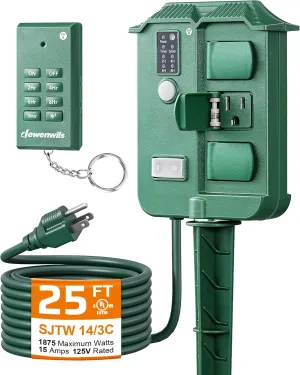 DEWENWILS Outdoor Power Stake Timer, Waterproof Outdoor Timer, 6 Grounded Outlets, 25FT Extension Cord, 100FT Range, Photocell Dusk to Dawn Outlet for Christmas Lights, Yard, Garden, UL Listed