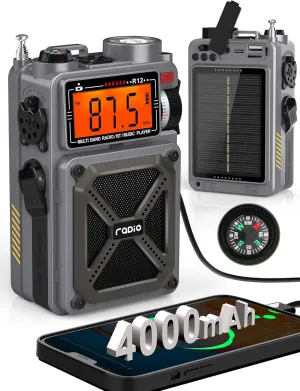 Digital Shortwave Radio with Bluetooth 5.4,AM/FM/SW with NOAA Weather Alert, 4000mAh Emergency Radio Hand Crank Solar,5W Speaker/SOS/Flashlight/Support SD Card USB MP3 Player for Emergency