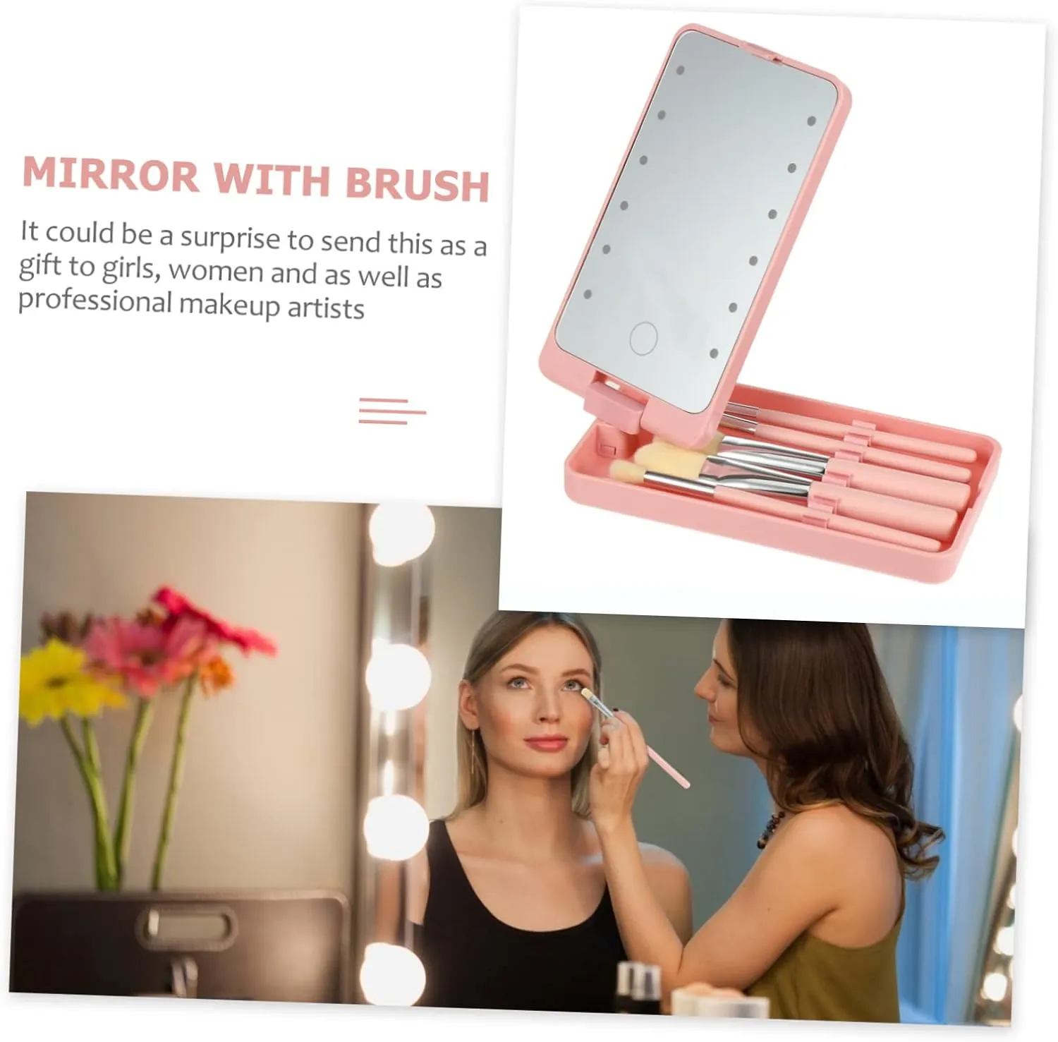 DOITOOL Led Touchscreen Makeup Mirror with 5pcs Brush Folding Compact Mirror Travel Beauty Mirror for Girls Women Artists