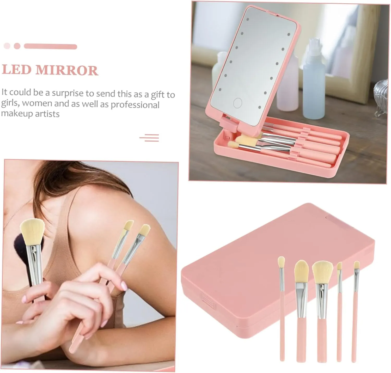 DOITOOL Led Touchscreen Makeup Mirror with 5pcs Brush Folding Compact Mirror Travel Beauty Mirror for Girls Women Artists