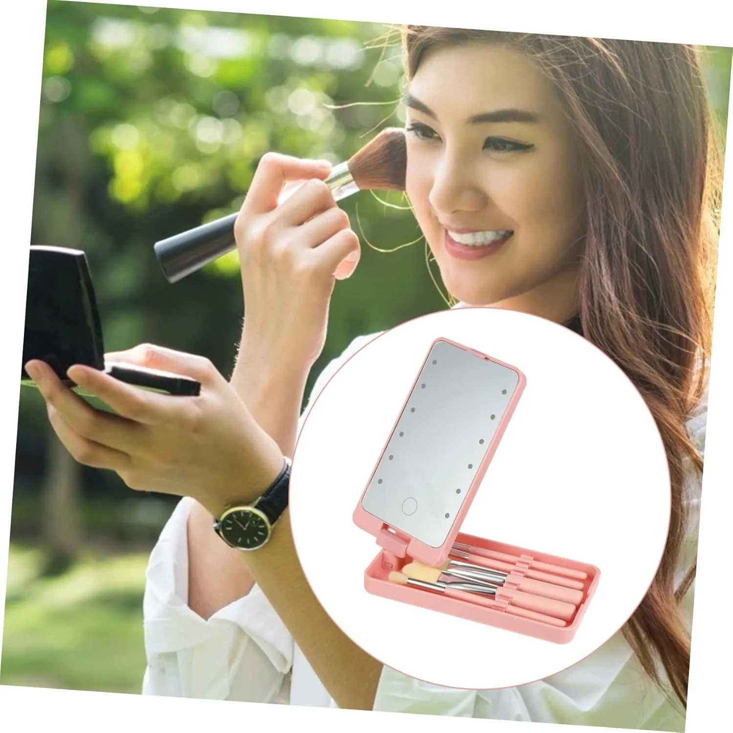 DOITOOL Led Touchscreen Makeup Mirror with 5pcs Brush Folding Compact Mirror Travel Beauty Mirror for Girls Women Artists