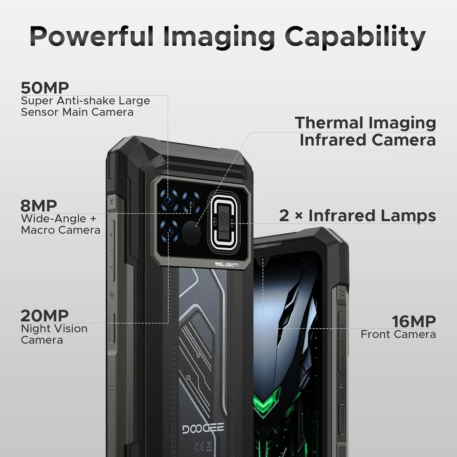DOOGEE Fire 6 Max(2025) 5G Rugged Smartphone with Thermal Image Camera,20800mAh/33W Fast,6.72" FHD  120Hz IPS Screen,120LM Flashlight Rugged Phone,256GB/TF 2TB,50MP,Android 14,IP68 Waterproof Phone