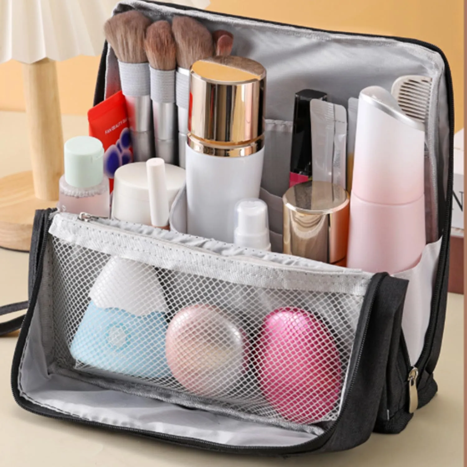 Doresty Makeup Bag, Doresty Standing Makeup Bag, Portable, Large Capacity, Vertical Large Opening Waterproof Multifunctional Stand Up Bags With Compartments (E)