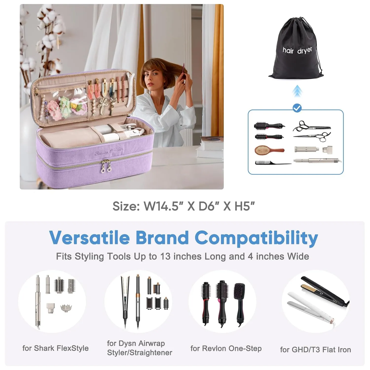 Double-layer Hair Tools Travel Case with Black Hair Dryer Bag with Detachable Divider compatible with Shark FlexStyle/SmoothStyle - Flat Curling Iron Travel Organizer