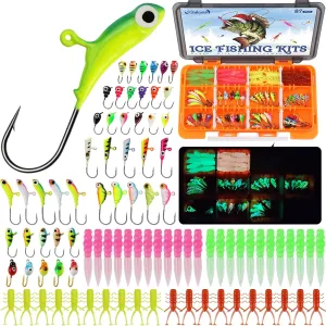 Dovesun Ice Fishing Jigs Kit, Ice Fishing Lures Glow in The Dark Ice Jigs | Soft Baits Ice Fishing Jig Heads Walleye Crappie Jigs Set 20-93Pcs
