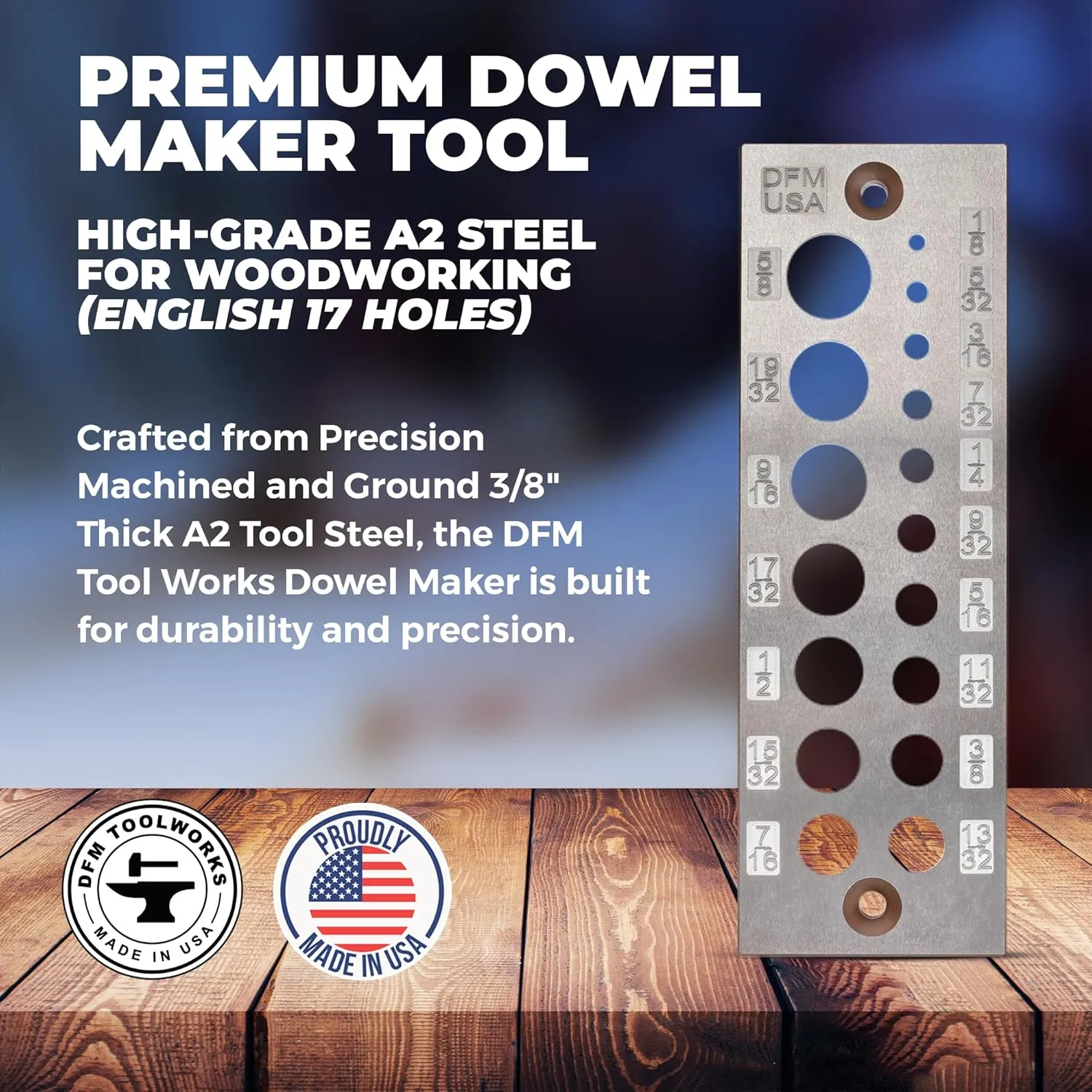 Doweling Tool - Premium Dowel Maker Tool, Versatile Dowel Plate, High-Grade A2 Steel for Woodworking, Made in USA - English 17 Holes, Multi-Size
