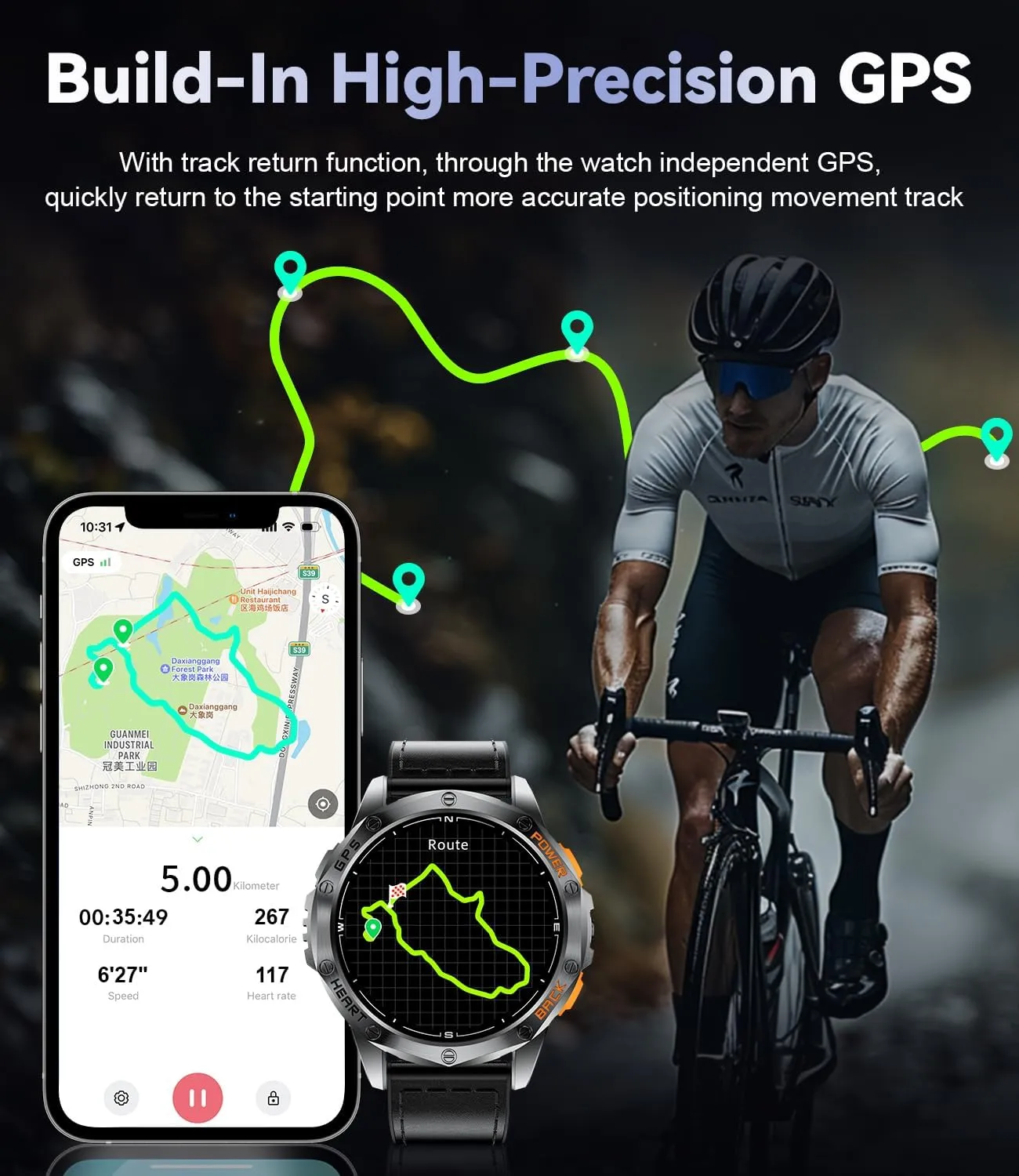 DREMAC 48mm Rugged Military Smart Watches for Men - GPS/Barometer/Altimeter/Compass, 1.43" Amoled Display, LED Flashlight,100  Sports Modes Fitness Tracker, Compatible iOS Android, Black
