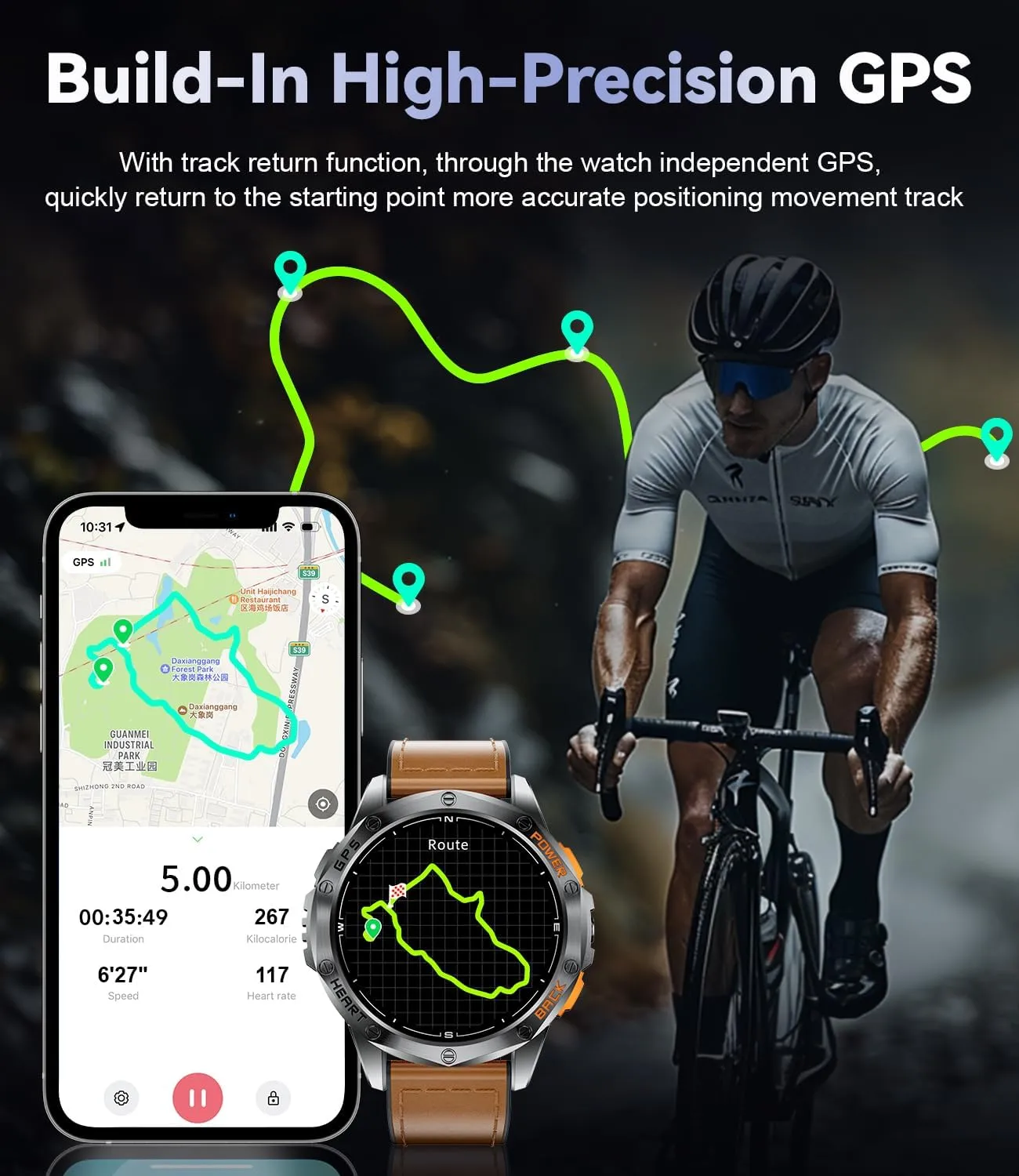 DREMAC 48mm Rugged Military Smart Watches for Men - GPS/Barometer/Altimeter/Compass, 1.43" Amoled Display, LED Flashlight,100  Sports Modes Fitness Tracker, Compatible iOS Android, Brown