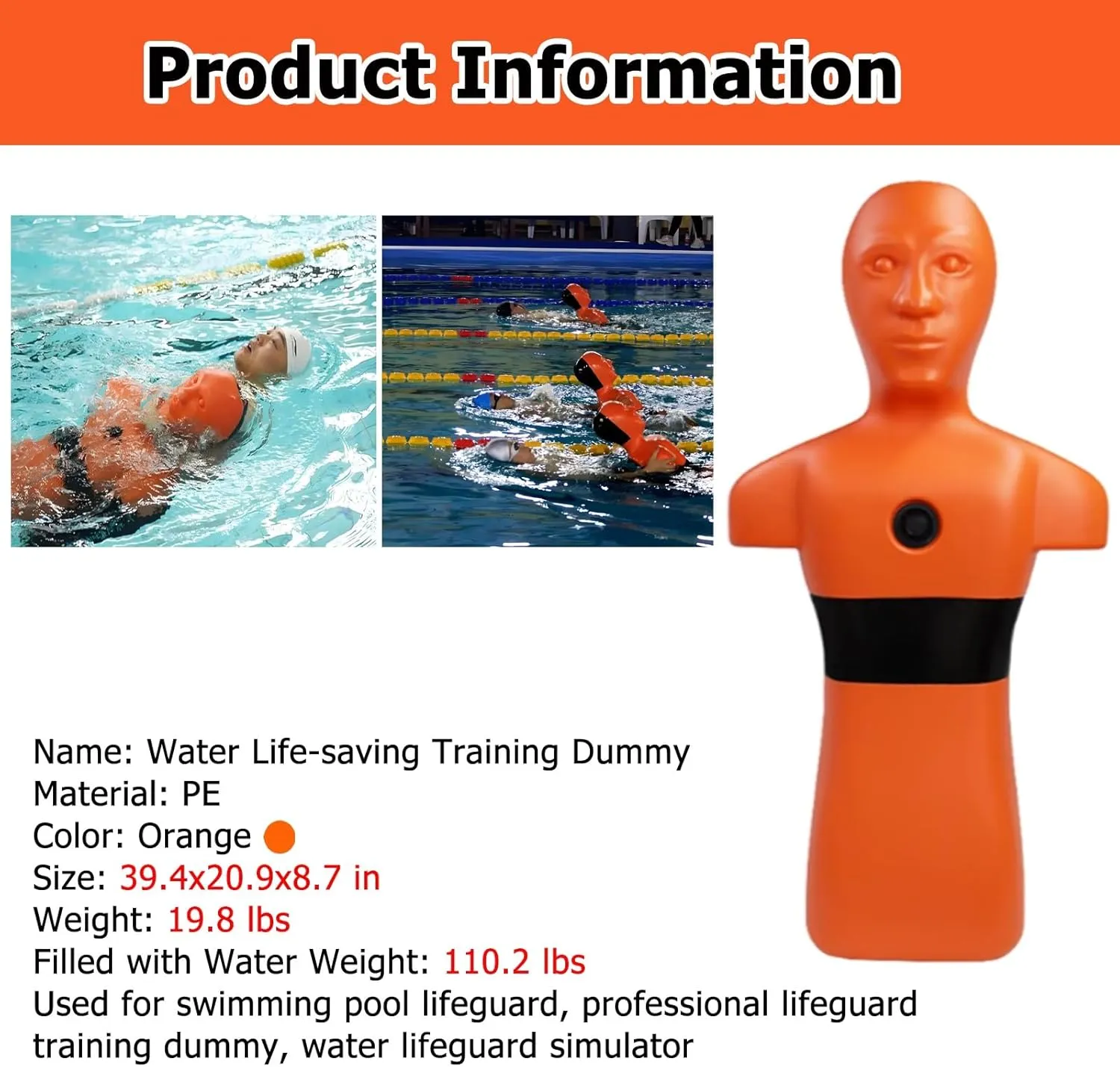 Drowning Prevention Teaching Tools, 2pcs Water Resuscitation Training Dummy for Kids, Water Rescue Simulator Dummys, Improve Swimming Skills & Fire Drill, Plastic(2 Pieces Orange)
