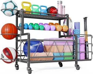 Dumbbell Rack, Weight Rack for Dumbbells, High Volume Home Gym Equipment Storage for Kettlebells, Yoga Mat, Foam Roller, etc, All in One Workout Storage with Wheels and Hooks