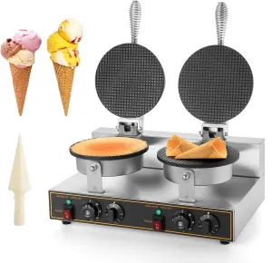 Dyna-Living Ice Cream Cone Maker 110V Commercial Waffle Cone Machine 2400W Electric Stainless Steel Non-stick Cone Waffles Maker Double Head Egg Roll Mold for Restaurant Home Use