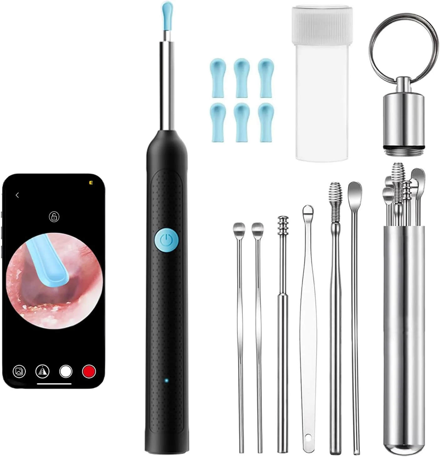 Ear Wax Removal Tool - Wireless WiFi Rechargeable Ear Cleaner with Camera, 1080P HD Ear Scope & 6 LED Lights and 6 Ear Picks, Earwax Removal Kit with 10 Traditiona Ear Care Kits, Black