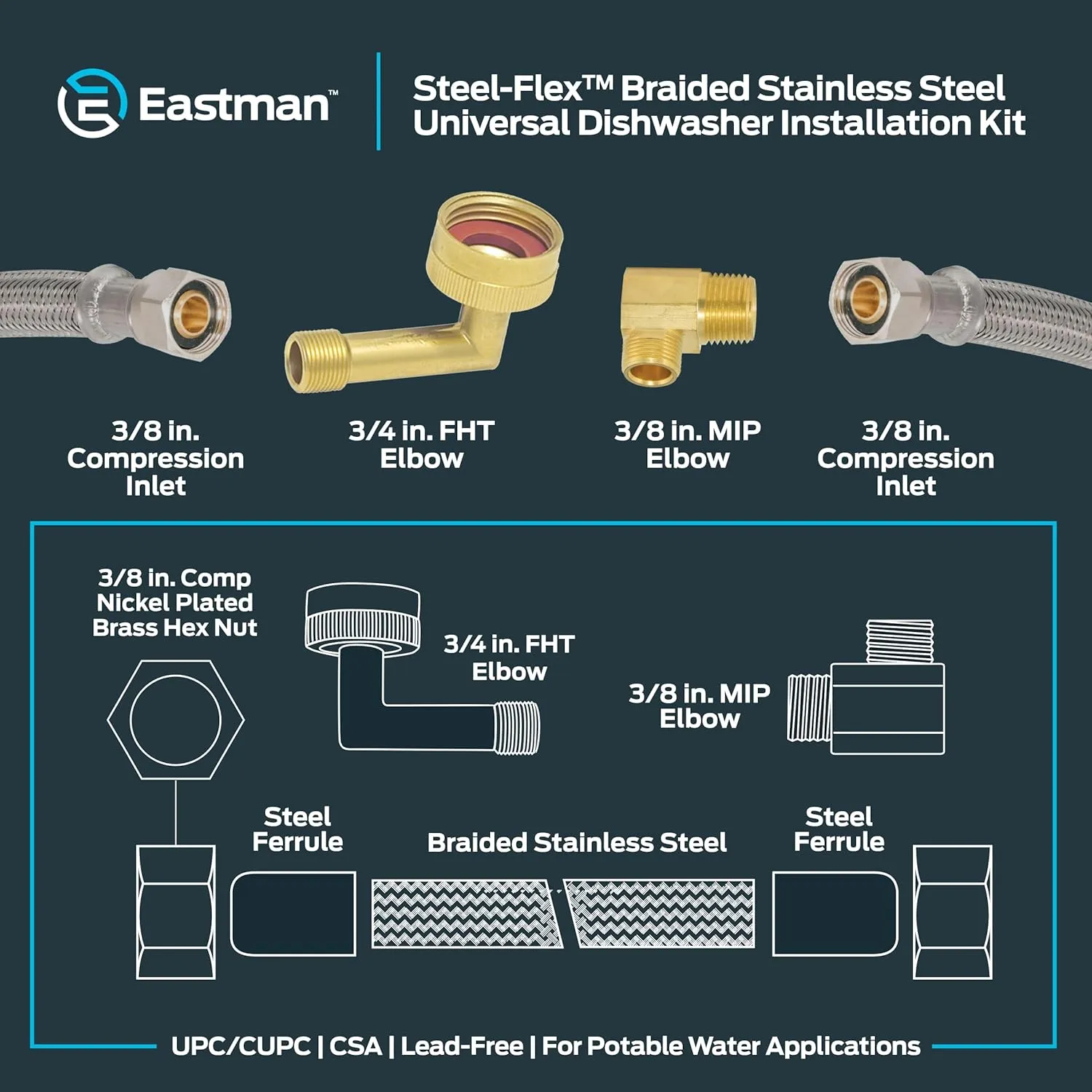 Eastman Dishwasher Installation Kit, 12 Foot Supply Line with 3/8 Inch Compression Ends, 3/8 Inch MIP Elbow and 3/4 Inch FHT Elbow, Braided Stainless Steel Dishwasher Connectors, 41058