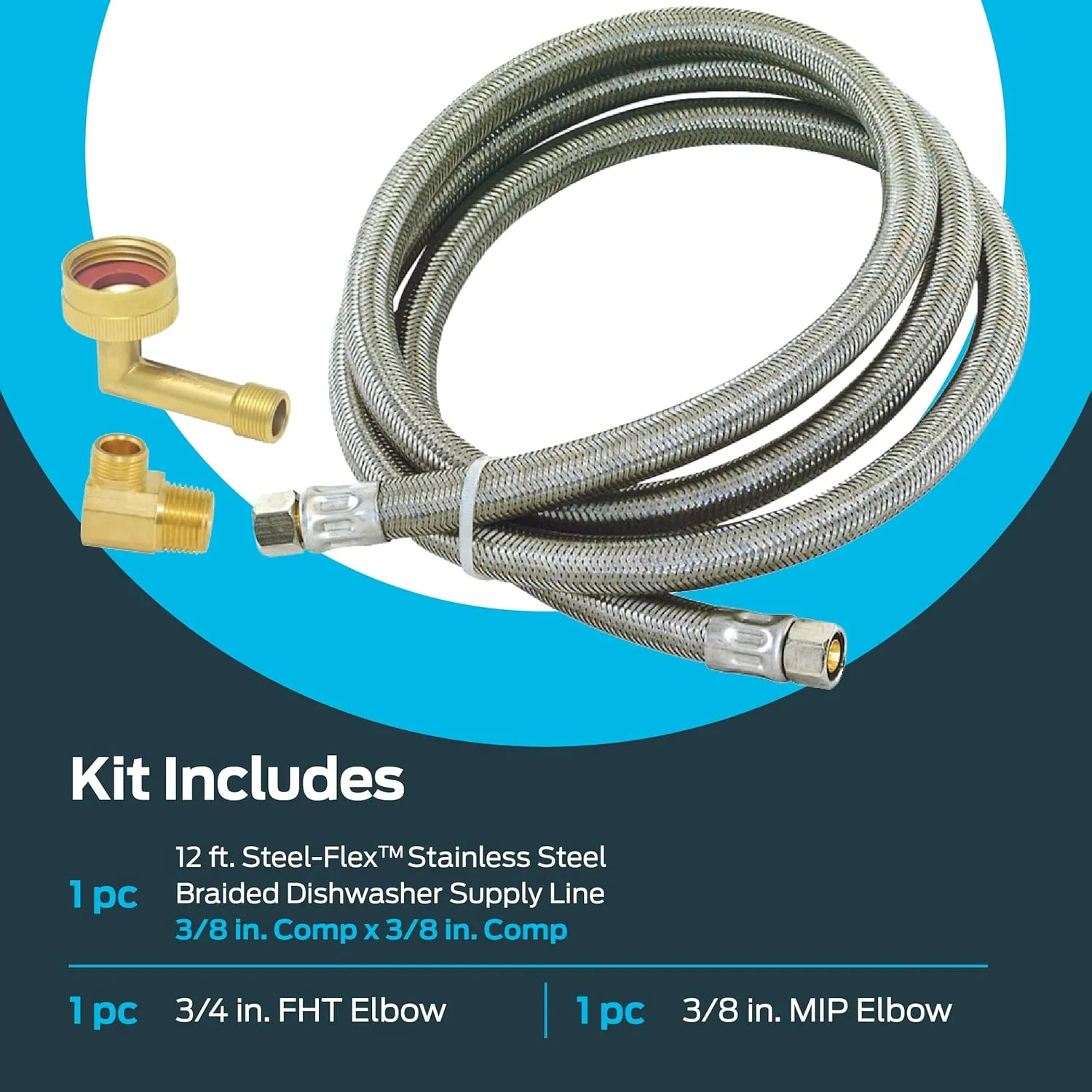 Eastman Dishwasher Installation Kit, 12 Foot Supply Line with 3/8 Inch Compression Ends, 3/8 Inch MIP Elbow and 3/4 Inch FHT Elbow, Braided Stainless Steel Dishwasher Connectors, 41058