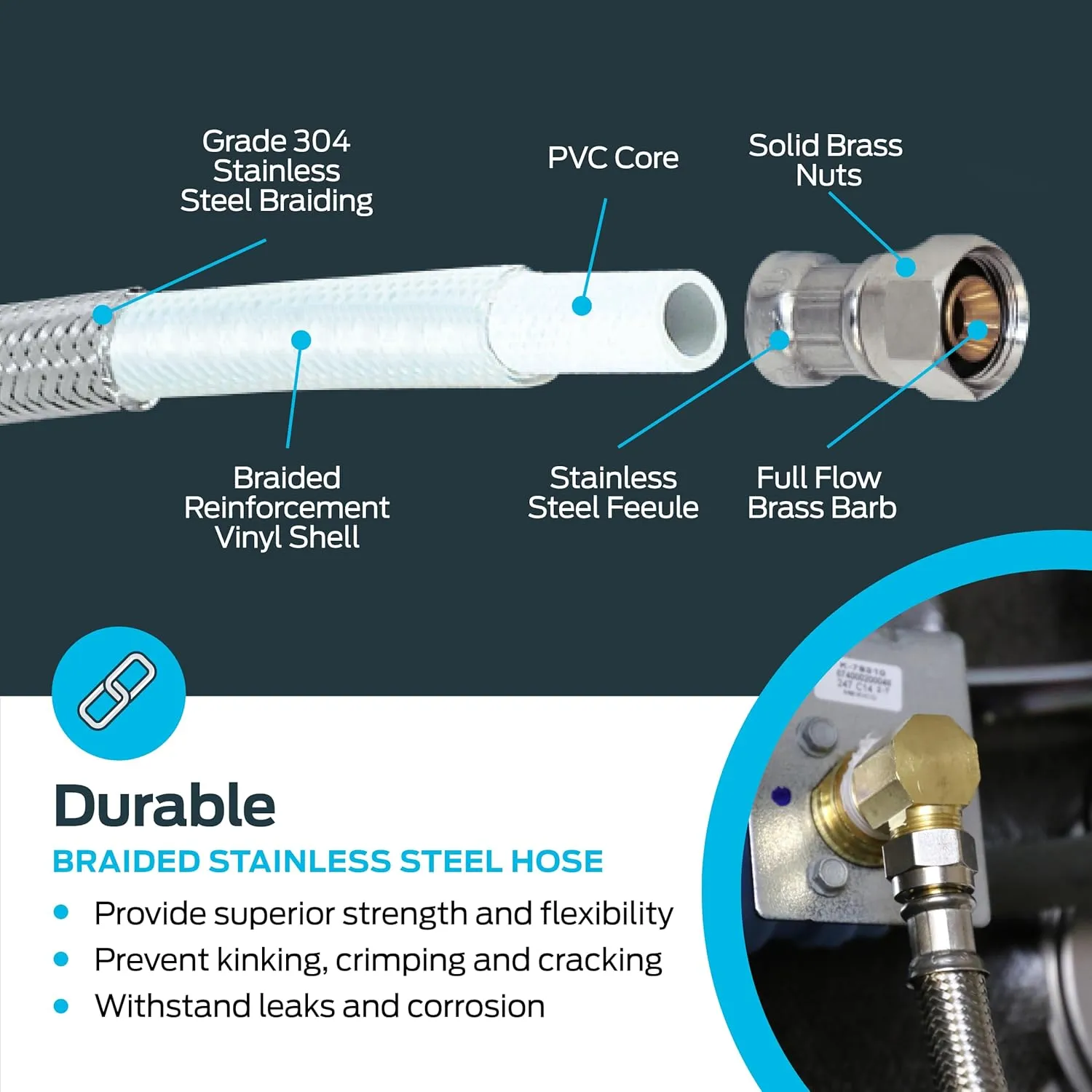 Eastman Dishwasher Installation Kit, 12 Foot Supply Line with 3/8 Inch Compression Ends, 3/8 Inch MIP Elbow and 3/4 Inch FHT Elbow, Braided Stainless Steel Dishwasher Connectors, 41058