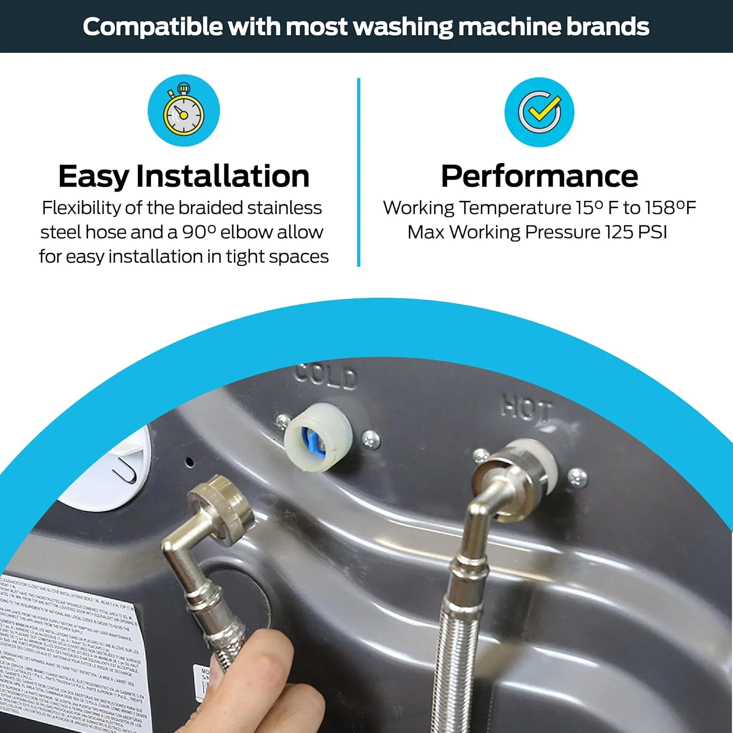 Eastman Washing Machine Connector, 3/4 Inch FHT Connection, 90 Degree Elbow, 4 Foot Braided Stainless Steel Washing Machine Hoses, 48373