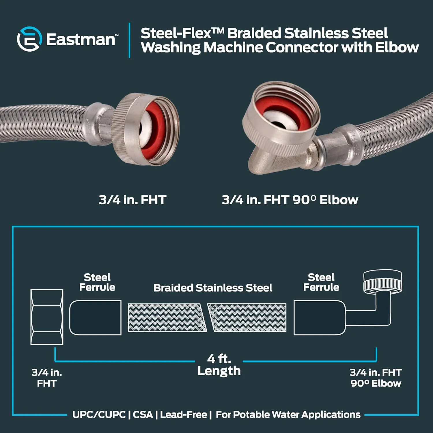Eastman Washing Machine Connector, 3/4 Inch FHT Connection, 90 Degree Elbow, 4 Foot Braided Stainless Steel Washing Machine Hoses, 48373