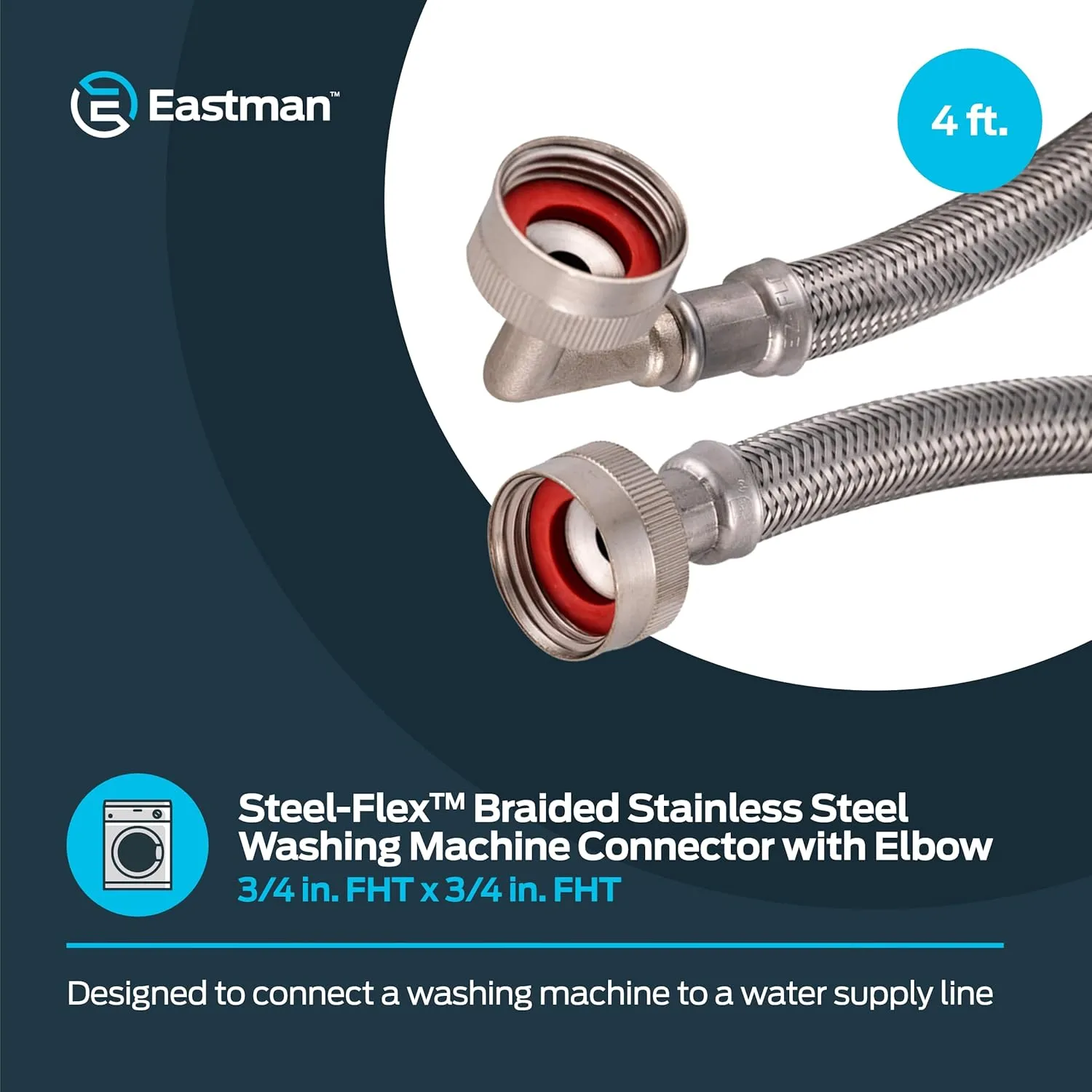 Eastman Washing Machine Connector, 3/4 Inch FHT Connection, 90 Degree Elbow, 4 Foot Braided Stainless Steel Washing Machine Hoses, 48373