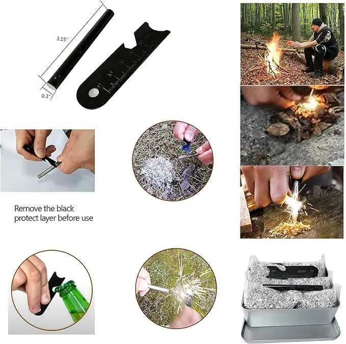 egreen Emergency Fire Starter Ferro Rod Striker Magnesium 6 Bags for Camping Hiking Bushcraft Survival Outdoor Hurricane   Free Tin Box (18 Bags Magnesium   Ferro & Striker)
