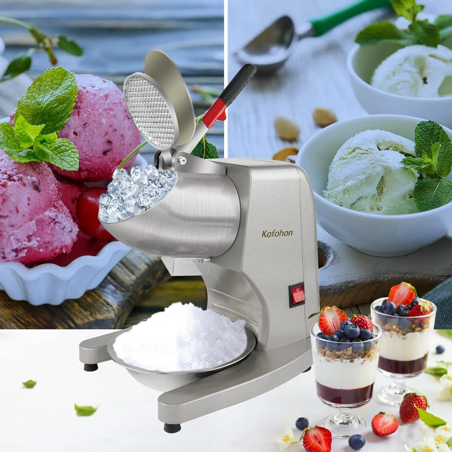 Electric Ice Shaver,Shaved Ice Machine Strong Powerful For Home&Commercial Use,Steel Ice Crusher With Dual Blades&Lips,Higher Ice Outlet for Plate,Bowl&Cup,300W/2200rpm/220lbs/hrs.