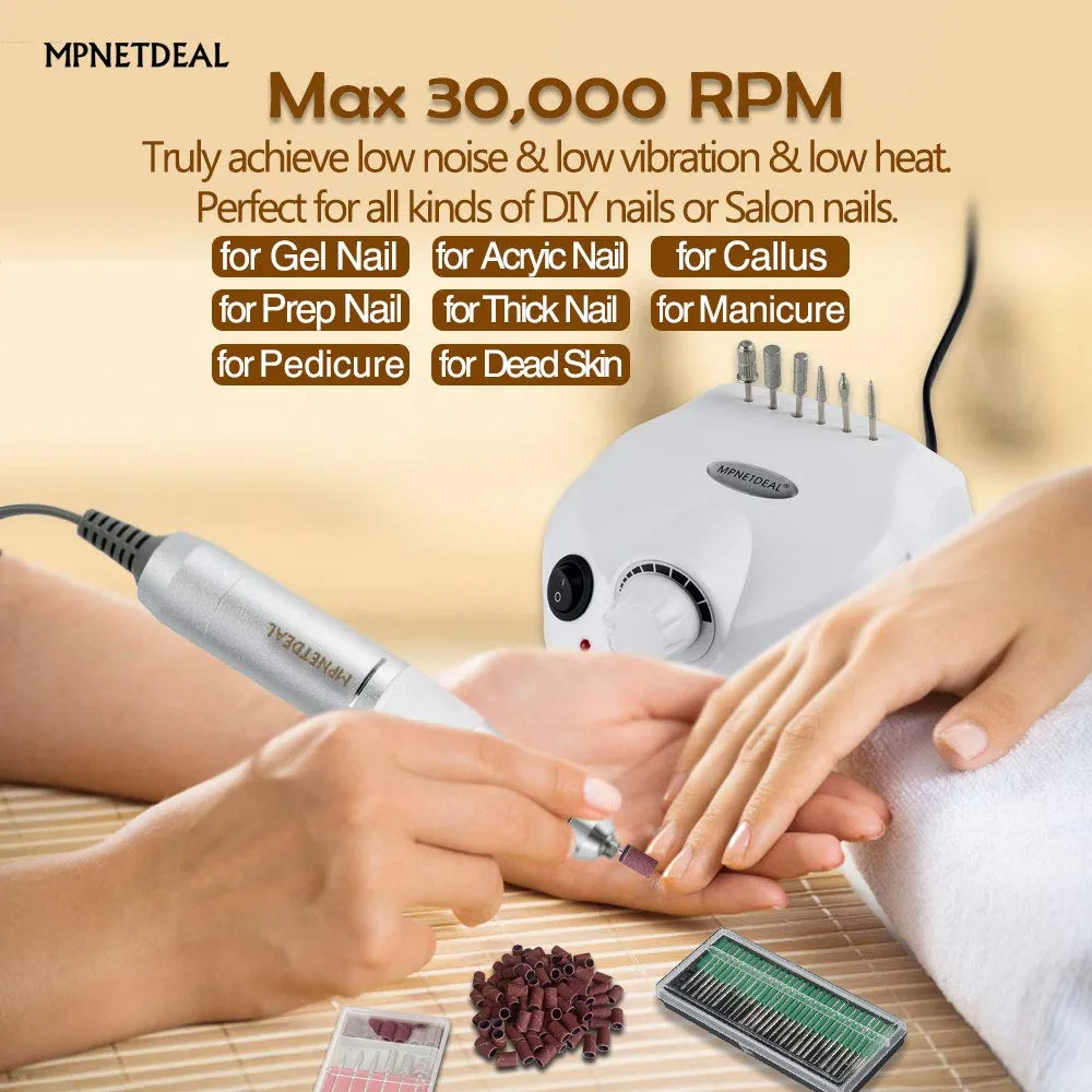 Electric Nail Drill File Professional E-File 30000RPM Tools for Acrylics Nails Natural Nails with Foot Pedal Ideal for Hands and Feet at Home use Nail Salon (White)