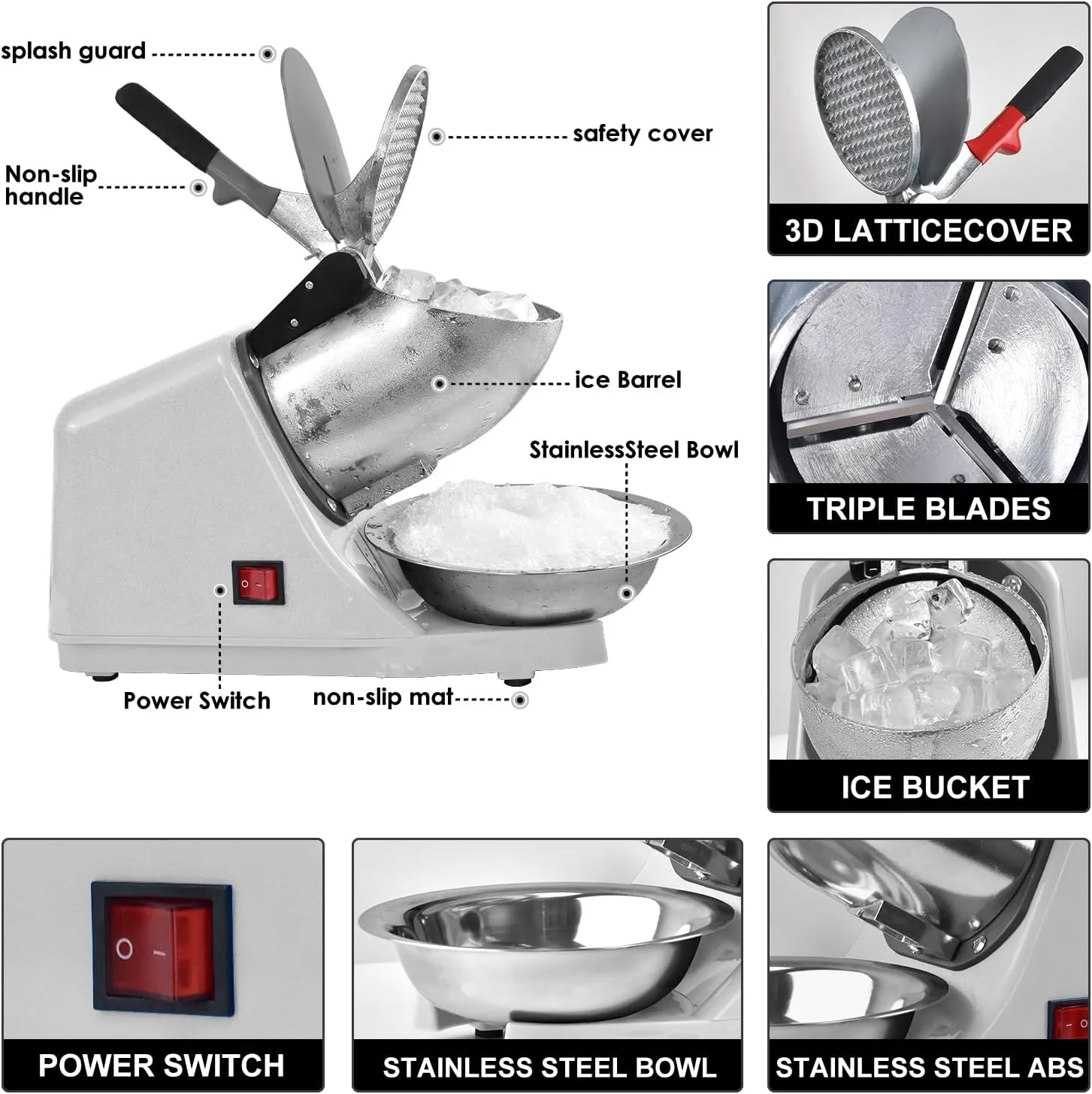 Electric Shaved Ice Machine,with Ice Pick and Scoop,3 Blades of Electric Snow Cone Machine(300W 2200r/min),Splash Proof Ice Shaver Machine,Ice Crusher Machine for Home Commercial Use (Silver)