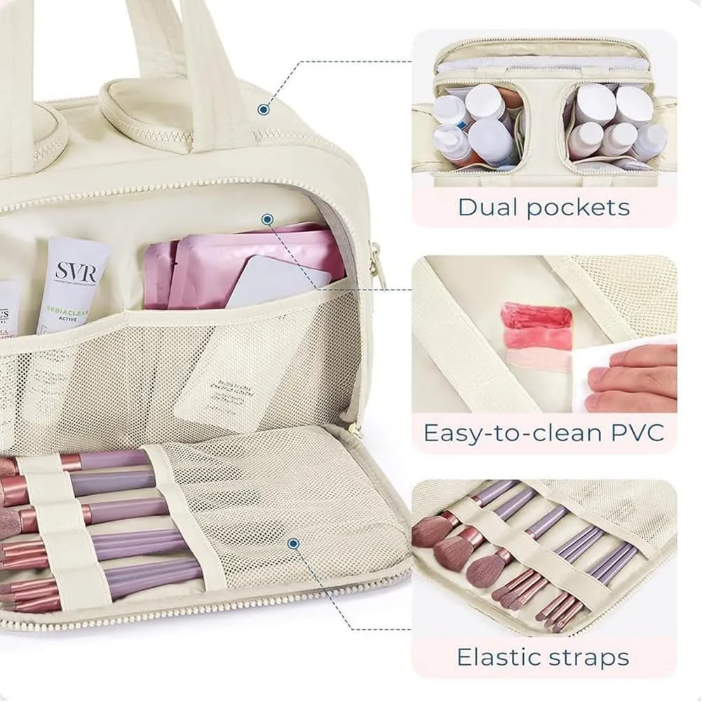 Elouva Toiletry Bag, Large Capacity Wide-Open Travel Makeup Bag, 4-in-1 Puffy Multi-functional Cosmetic Bags for Women, Portable Waterproof Open Flat Organizer Bags (Purple)