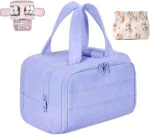 Elouva Toiletry Bag, Large Capacity Wide-Open Travel Makeup Bag, 4-in-1 Puffy Multi-functional Cosmetic Bags for Women, Portable Waterproof Open Flat Organizer Bags (Purple)
