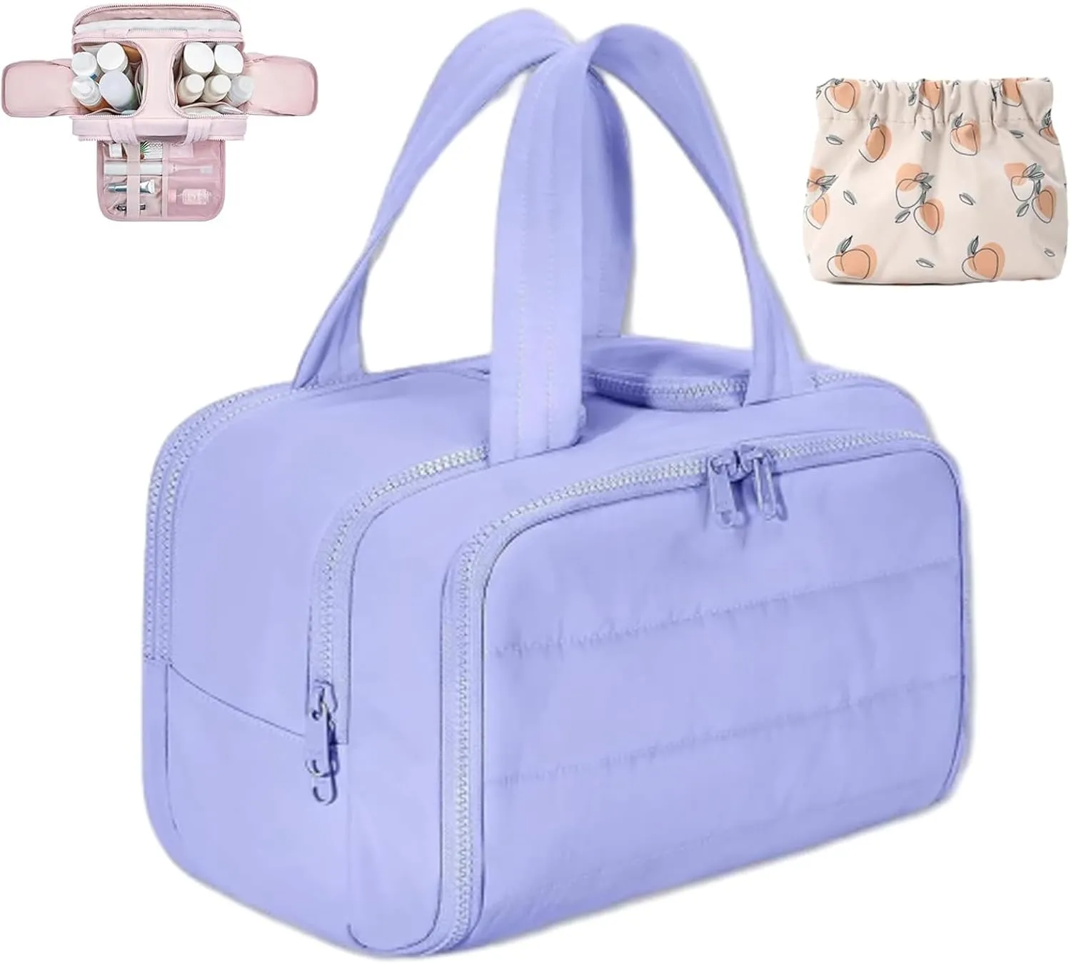 Elouva Toiletry Bag, Large Capacity Wide-Open Travel Makeup Bag, 4-in-1 Puffy Multi-functional Cosmetic Bags for Women, Portable Waterproof Open Flat Organizer Bags (Purple)