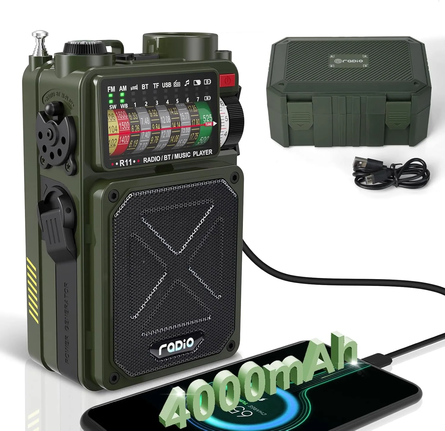 Emergency Crank Radio - 4000mAh/14800mWh AM/FM/WB/SW/NOAA Weather Radio with Bluetooth,Flashlight,SOS Alarm, Powered by USB Charged,Hand Crank & Solar Power for Camping, Emergency