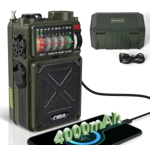 Emergency Crank Radio - 4000mAh/14800mWh AM/FM/WB/SW/NOAA Weather Radio with Bluetooth,Flashlight,SOS Alarm, Powered by USB Charged,Hand Crank & Solar Power for Camping, Emergency