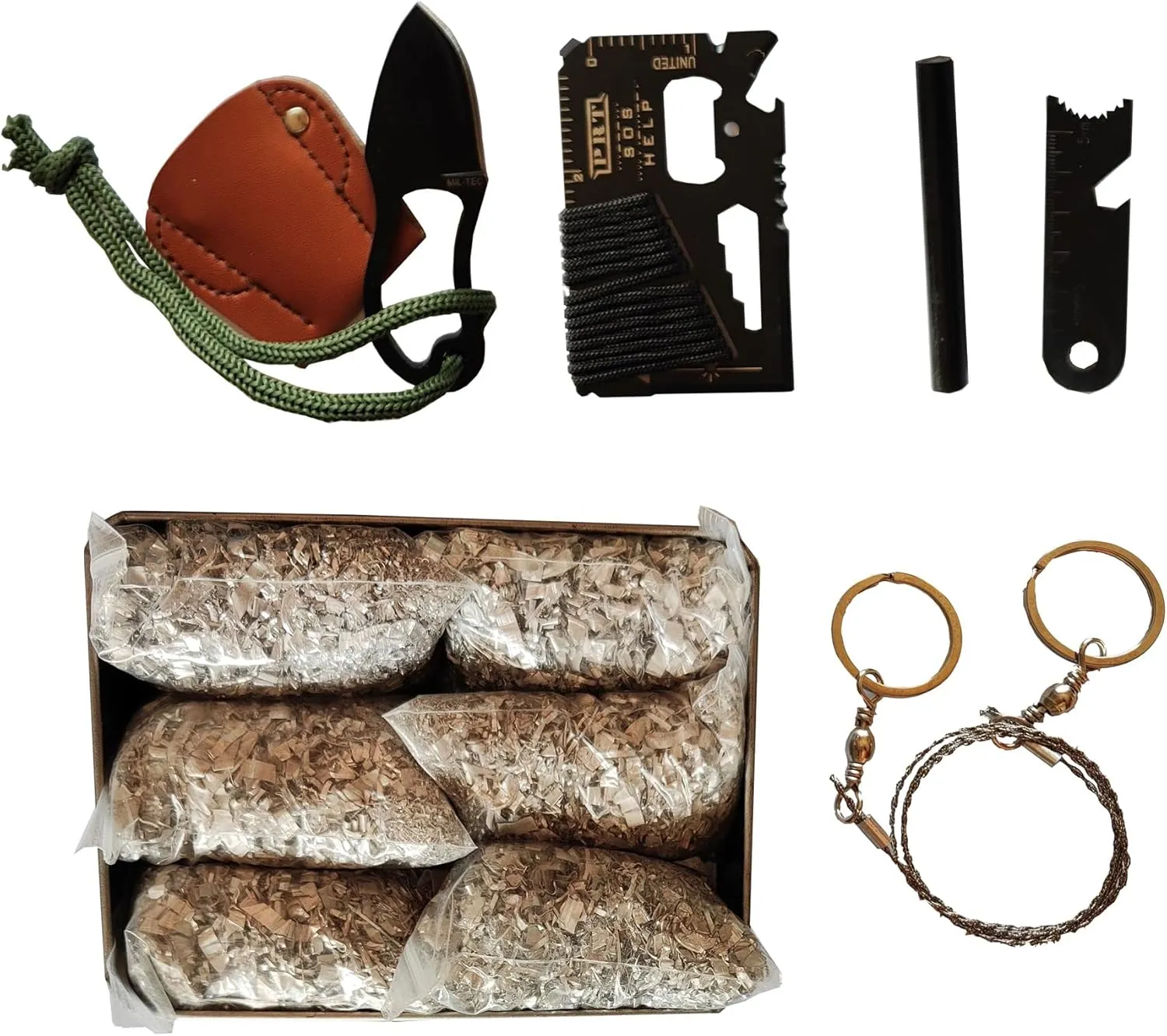 Emergency Fire Starter 6 Bag Megnesiums Multi Purpose Card Tool Saw Ferro Rod Striker Blanket Wax Rope for Camping Hiking Bushcraft   Tin Box (Mg   FerroStriker   Knife   Saw   Tool)