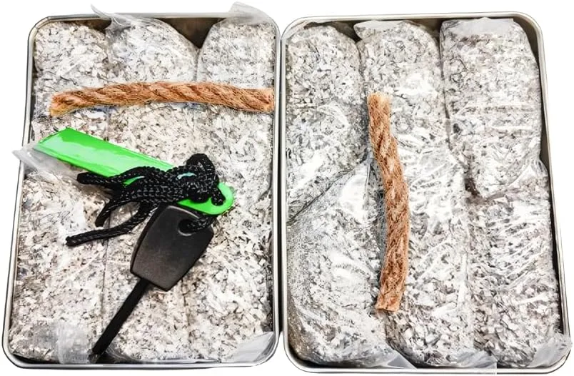 Emergency Fire Starter Magnesium 6 Bags Wax Infused Jute Rope Ferro Rod Striker Saw Wire for Camping Hiking Bushcraft Hurricane   Tin Container