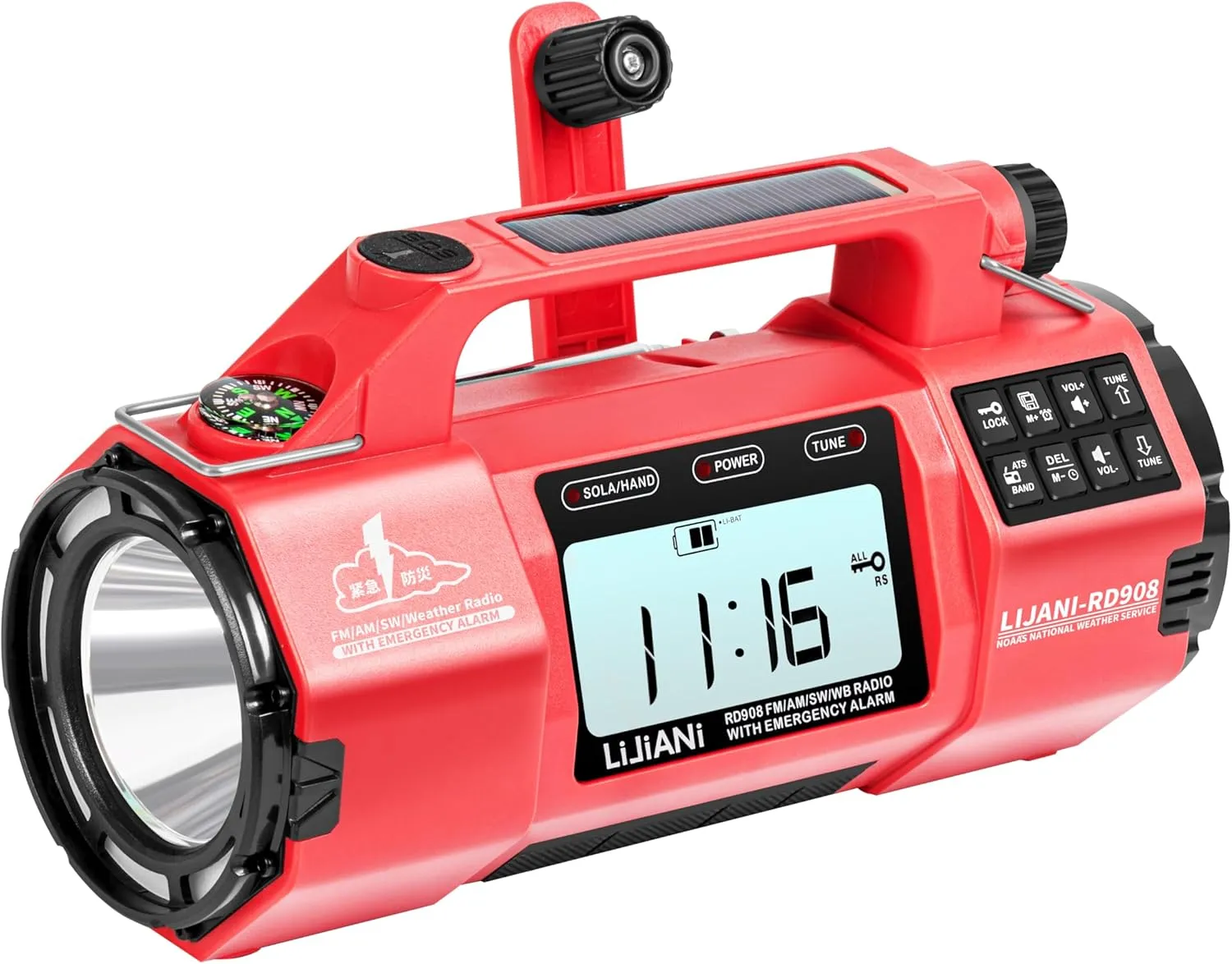 Emergency FM/AM/SW Weather Radio, Big Flashlight/Speaker,Type-C,Sleep Timer Alarm Clock, Solar/Hand Crank Charge, 5000mAh Replaceable Battery,with Cell Phone Charger Hurricane Storm Survival kit