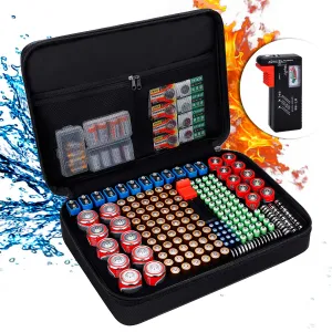 ENGPOW Battery Organizer, Fireproof Battery Organizer Storage Case with Tester (BT168),Water-Resistant Explosionproof Battery Holder Box with Cover and Zipper, Holds 220  AA AAA C D 9V Batteries