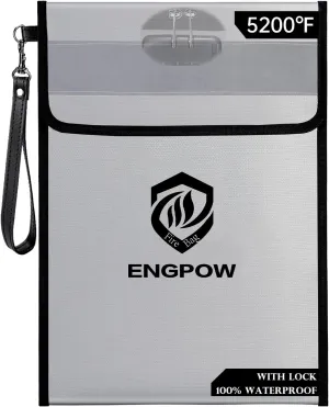 ENGPOW Fireproof Document Bag with Lock (5200℉),15”x 11” Fireproof Money Pouch with Zipper, Fireproof File Safe Storage Organizer Holder for Valuables,Cash,A4 Legal Important Documents and More