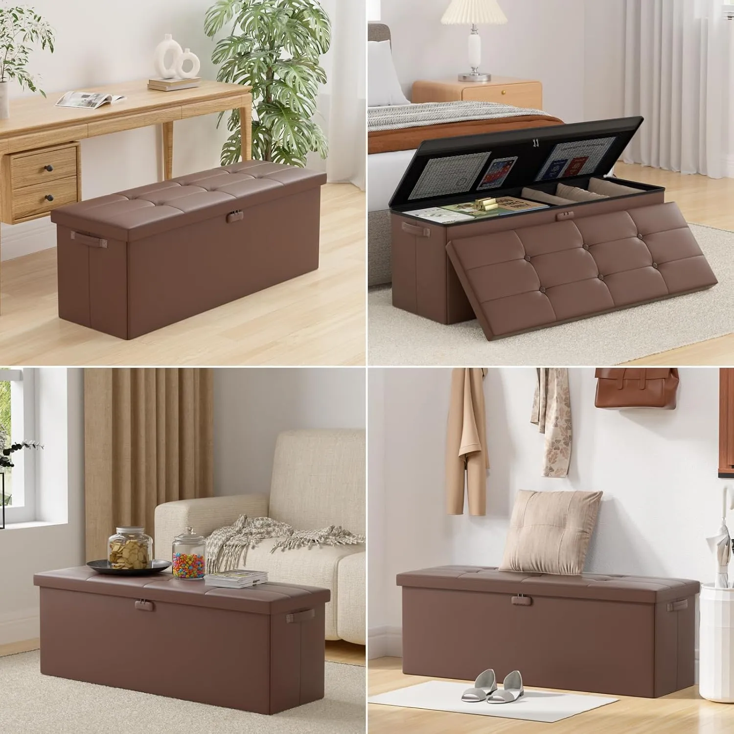 ENGPOW Storage Ottoman, Fireproof Folding Bench with Lock(15”x 43”x15”), Water-Resistant ＆ Heat Insulation Large Storage Chest with Handles＆2 Extra Spaces Safe for Living Room, Bedroom, Home, Brown