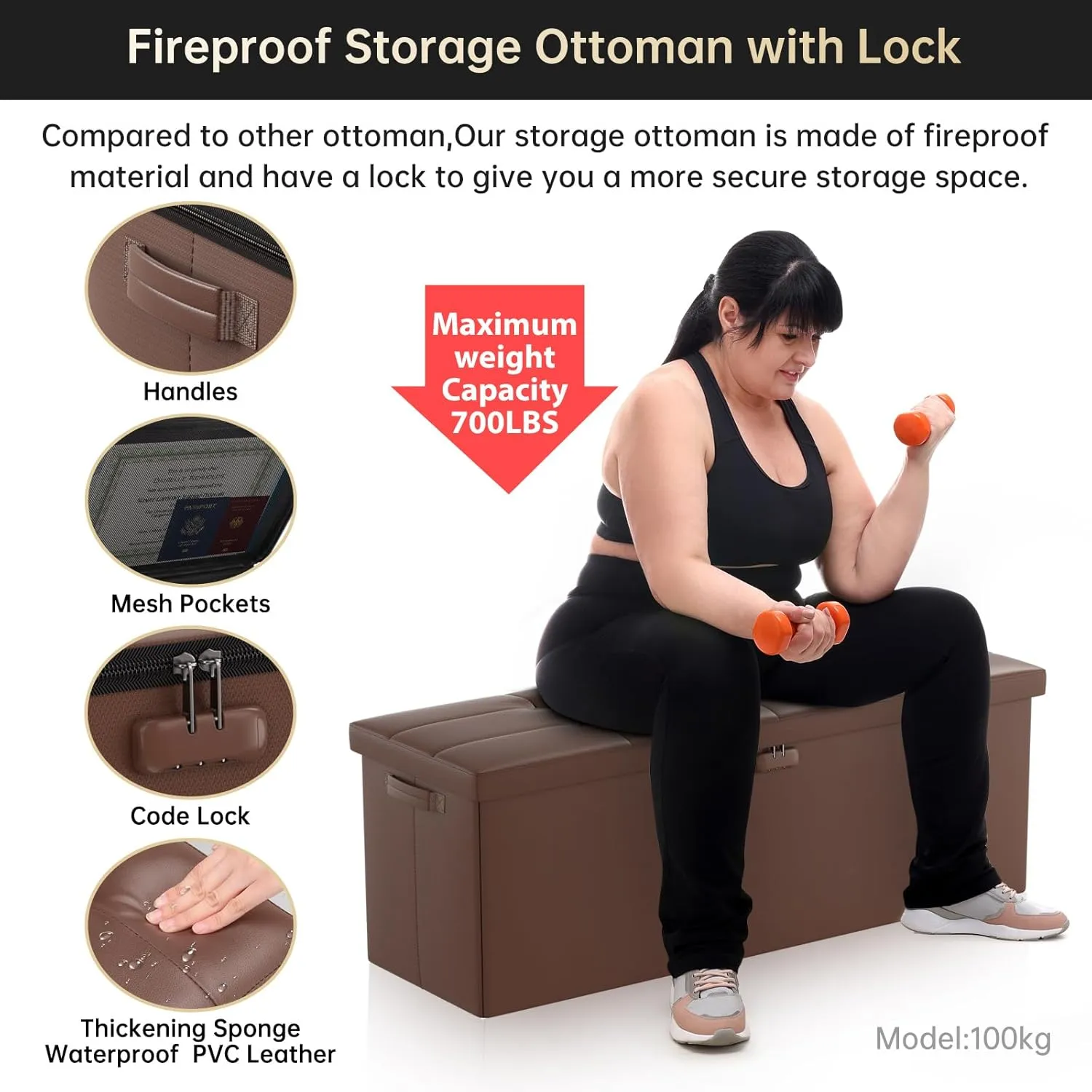 ENGPOW Storage Ottoman, Fireproof Folding Bench with Lock(15”x 43”x15”), Water-Resistant ＆ Heat Insulation Large Storage Chest with Handles＆2 Extra Spaces Safe for Living Room, Bedroom, Home, Brown