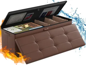 ENGPOW Storage Ottoman, Fireproof Folding Bench with Lock(15”x 43”x15”), Water-Resistant ＆ Heat Insulation Large Storage Chest with Handles＆2 Extra Spaces Safe for Living Room, Bedroom, Home, Brown