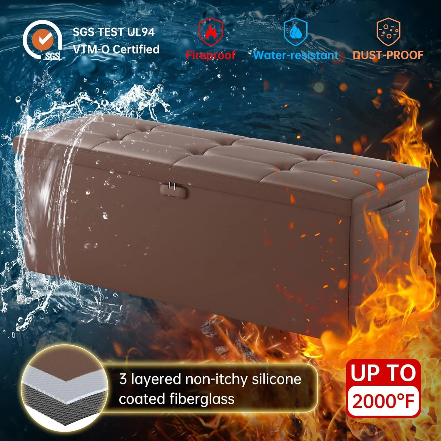 ENGPOW Storage Ottoman, Fireproof Folding Bench with Lock(15”x 43”x15”), Water-Resistant ＆ Heat Insulation Large Storage Chest with Handles＆2 Extra Spaces Safe for Living Room, Bedroom, Home, Brown