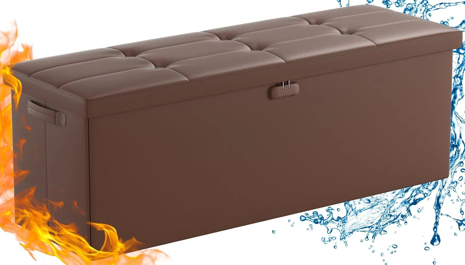 ENGPOW Storage Ottoman, Fireproof Folding Bench with Lock(15”x 43”x15”), Water-Resistant ＆ Heat Insulation Large Storage Chest with Handles＆2 Extra Spaces Safe for Living Room, Bedroom, Home, Brown