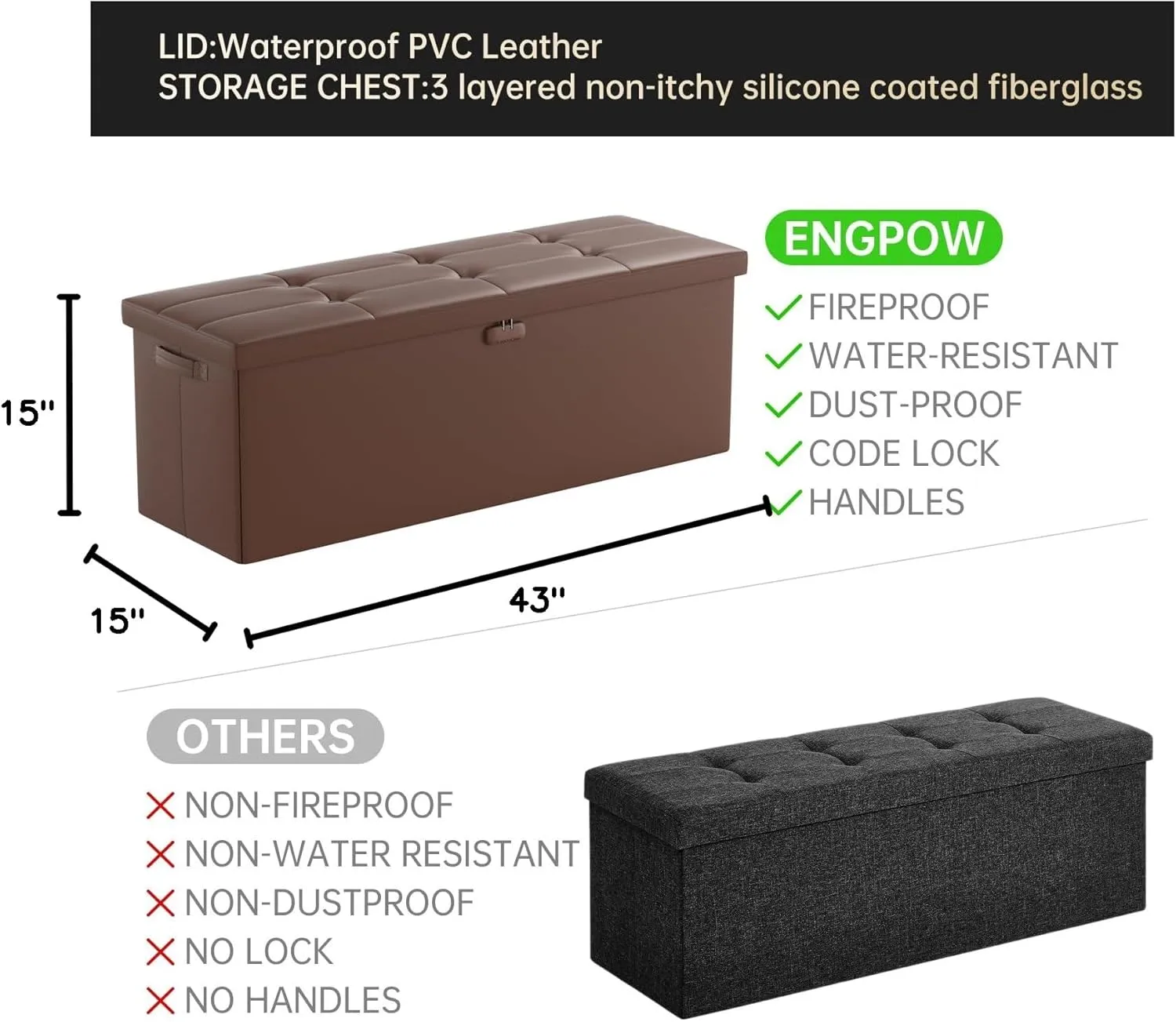 ENGPOW Storage Ottoman, Fireproof Folding Bench with Lock(15”x 43”x15”), Water-Resistant ＆ Heat Insulation Large Storage Chest with Handles＆2 Extra Spaces Safe for Living Room, Bedroom, Home, Brown