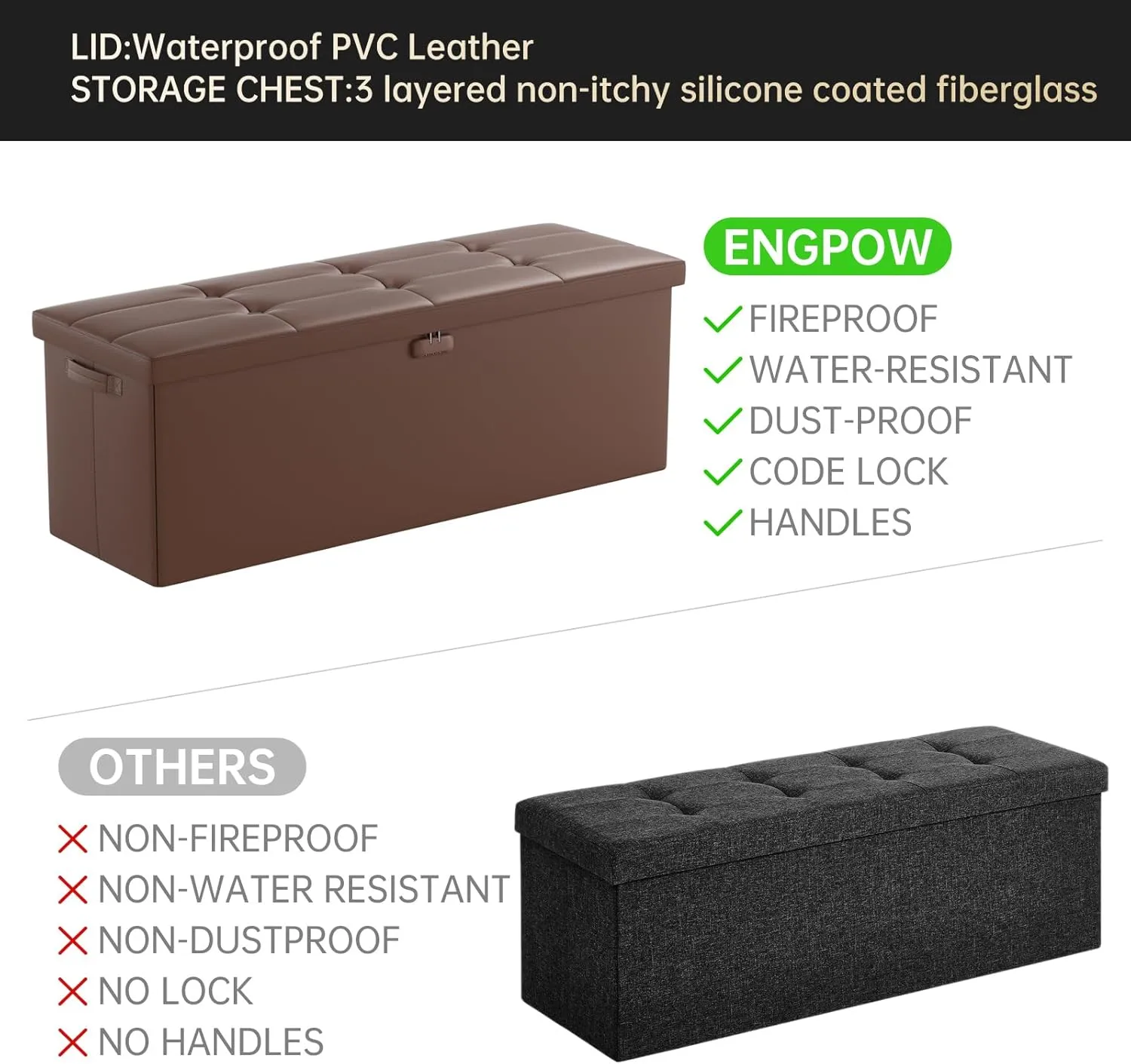 ENGPOW Storage Ottoman, Fireproof Folding Bench with Lock(15”x 43”x15”), Water-Resistant ＆ Heat Insulation Large Storage Chest with Handles＆2 Extra Spaces Safe for Living Room, Bedroom, Home, Brown